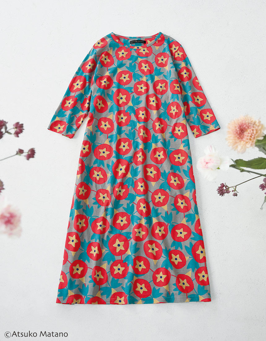 アツコマタノ 【綿100％】朝顔の柄が素敵なテキスタイル ワンピース