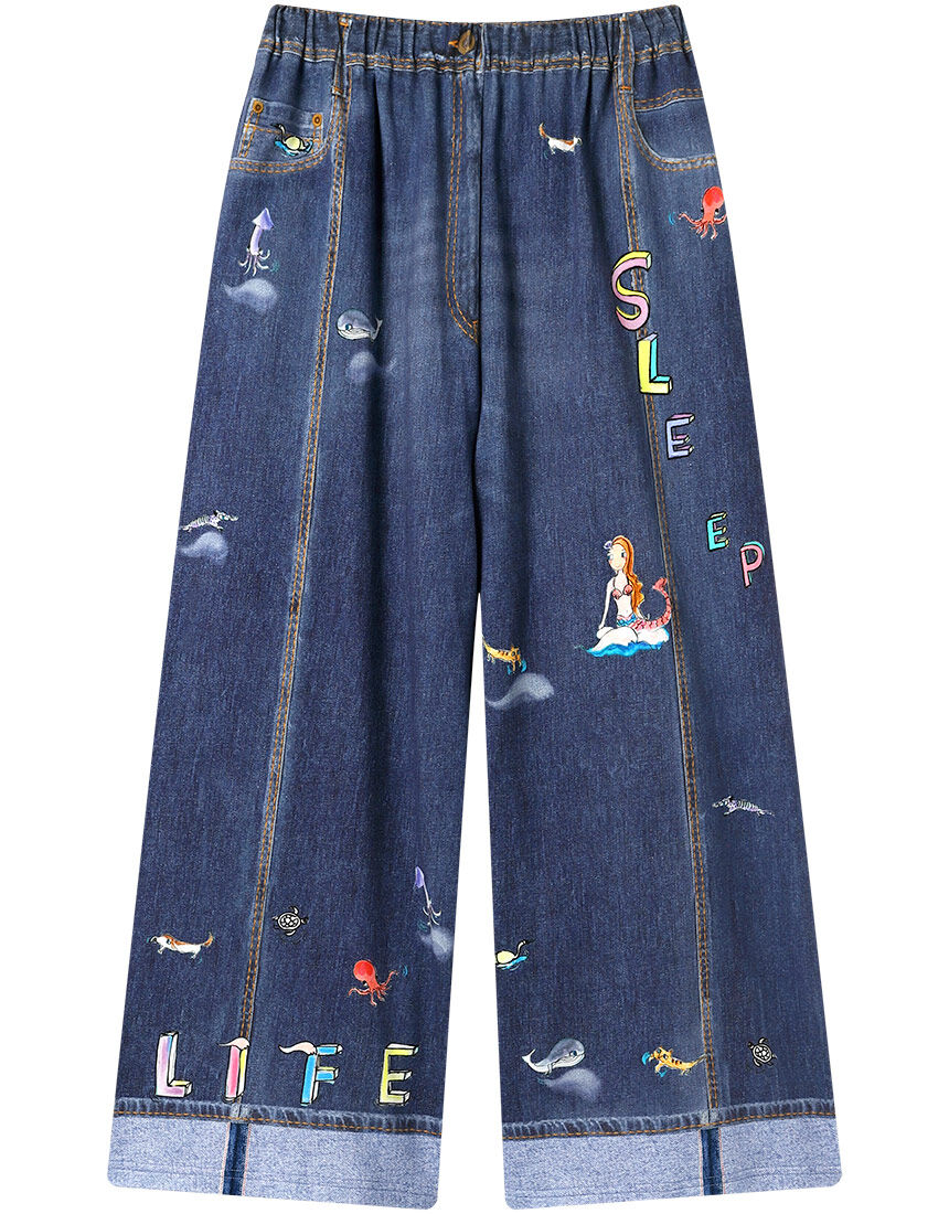 ツモリチサトスリープ 【綿100％】ワイドパンツ デニム風プリント