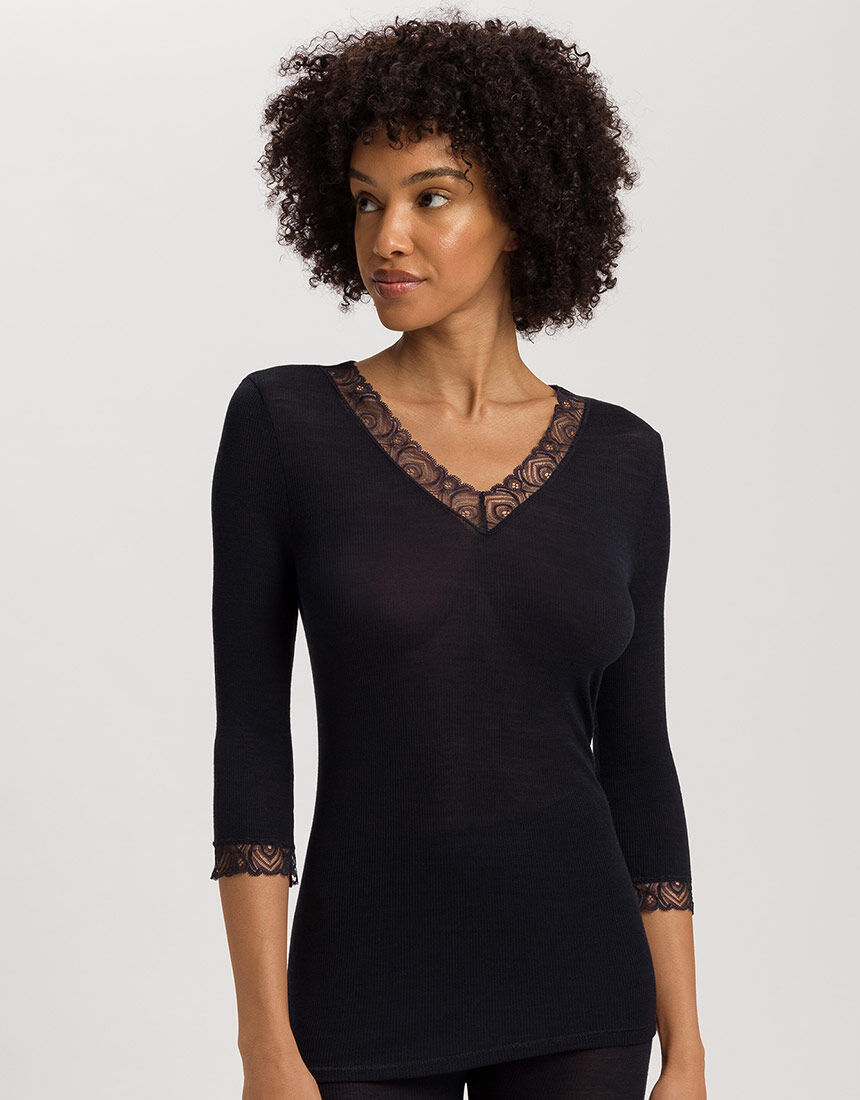 HANROハンロ シルクウールトップス　七分袖ブラックXS &ショーツS ハンロ 身生地ウール・シルク素材 トップス（7分袖） UIH423