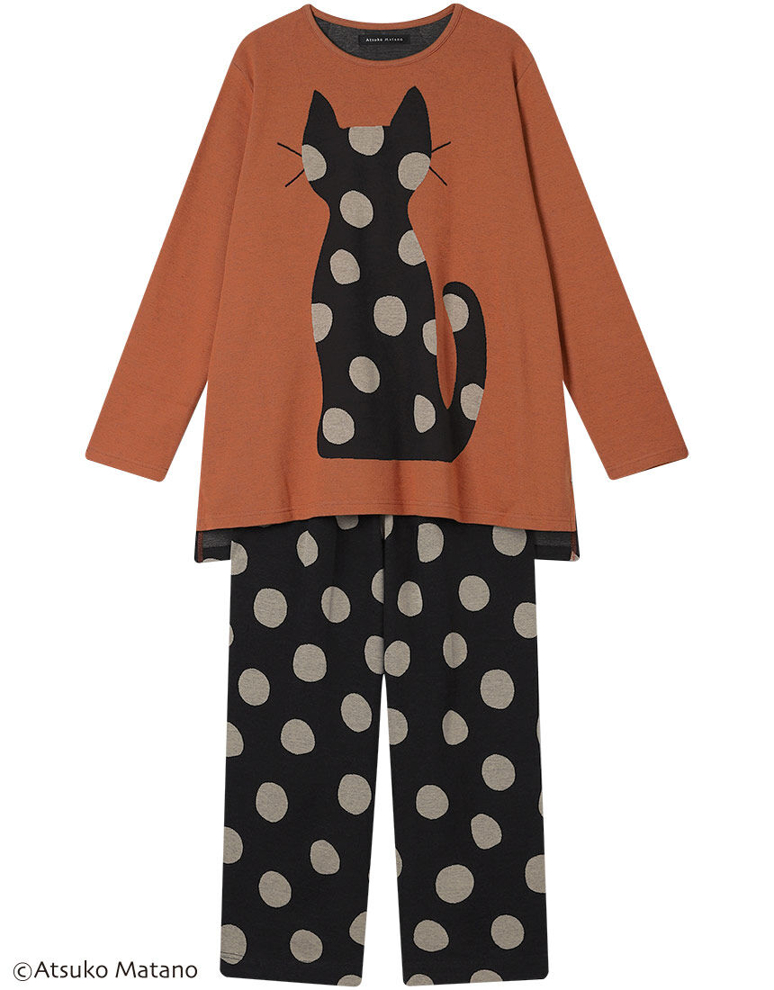 ワコールパジャマ　 アツコマタノ　猫柄 アツコマタノ 【綿100％】秋におすすめ 猫とドットがポイント
