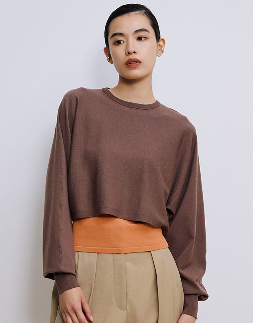 ★即納★ウォッシャブルニュアンスワイドプルオーバー　ブラウン OUR WACOAL 【アンサンブル対応】ショートニットプルオーバー