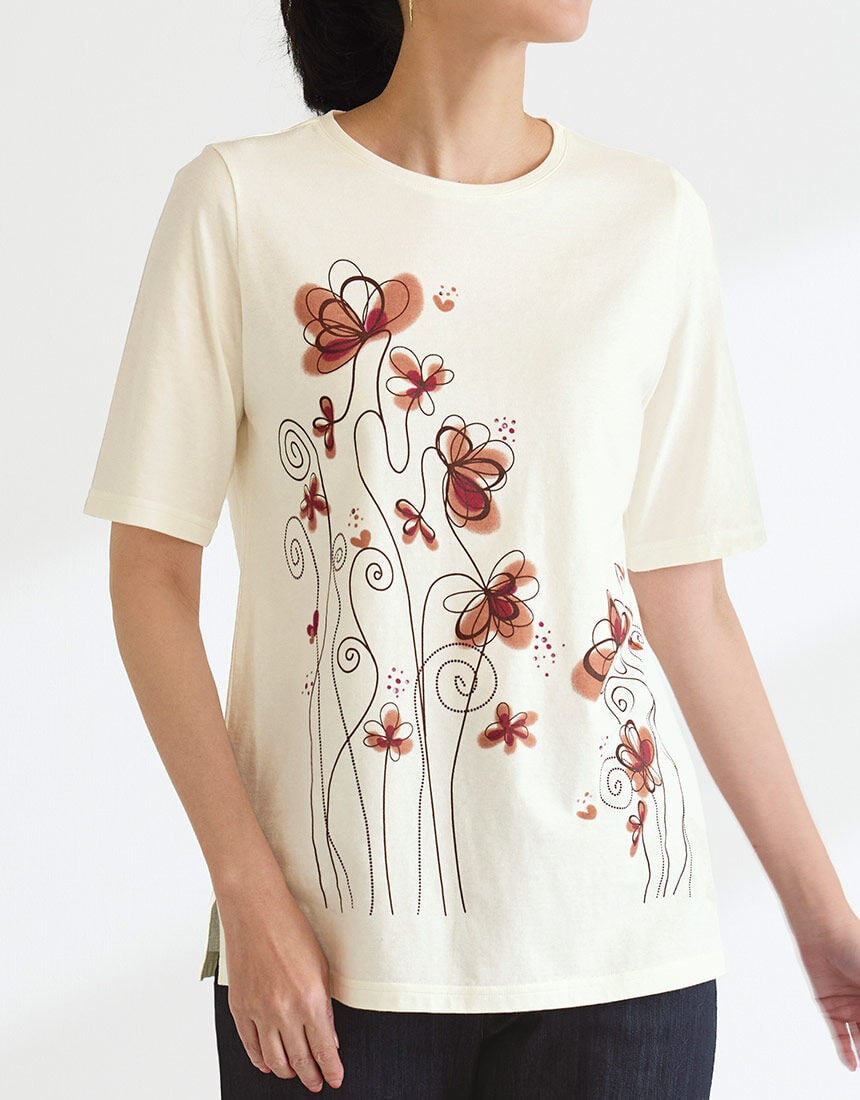 ラインストーン付花柄Ｔシャツ, , hi-res
