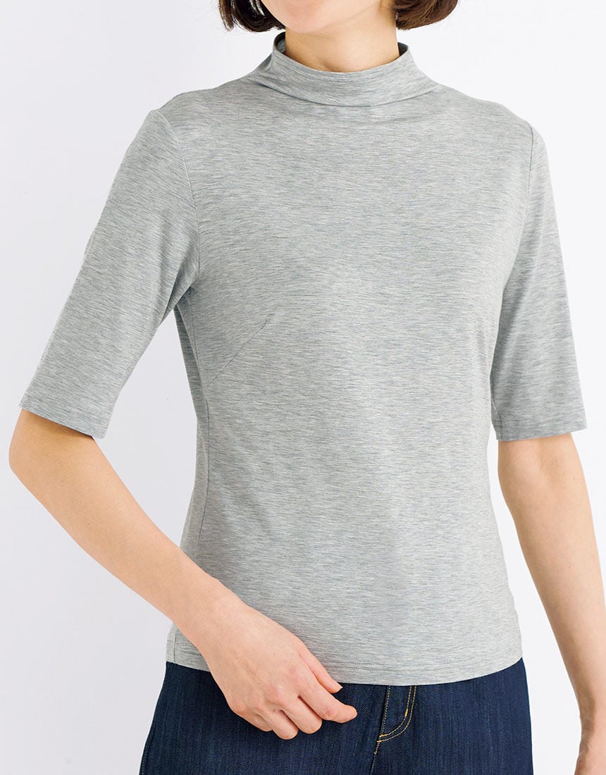 ボトルネックトップス五分袖, , hi-res