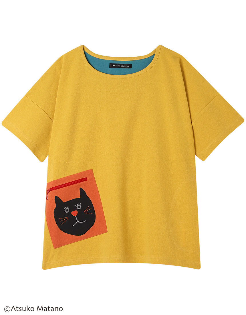 アツコマタノ 【綿混】ポケットに大きな黒猫のアップリケ トップス