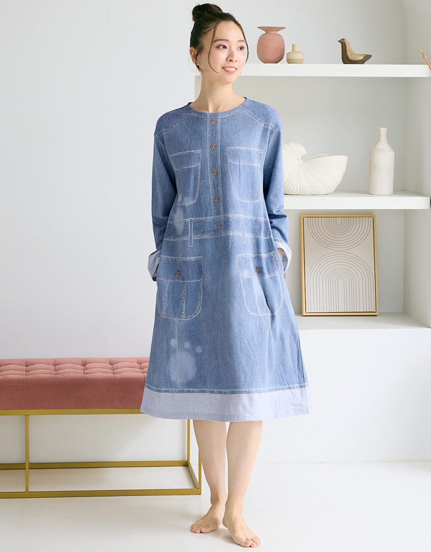 ツモリチサトスリープ 【綿100％】デニム風プリント ワンピース