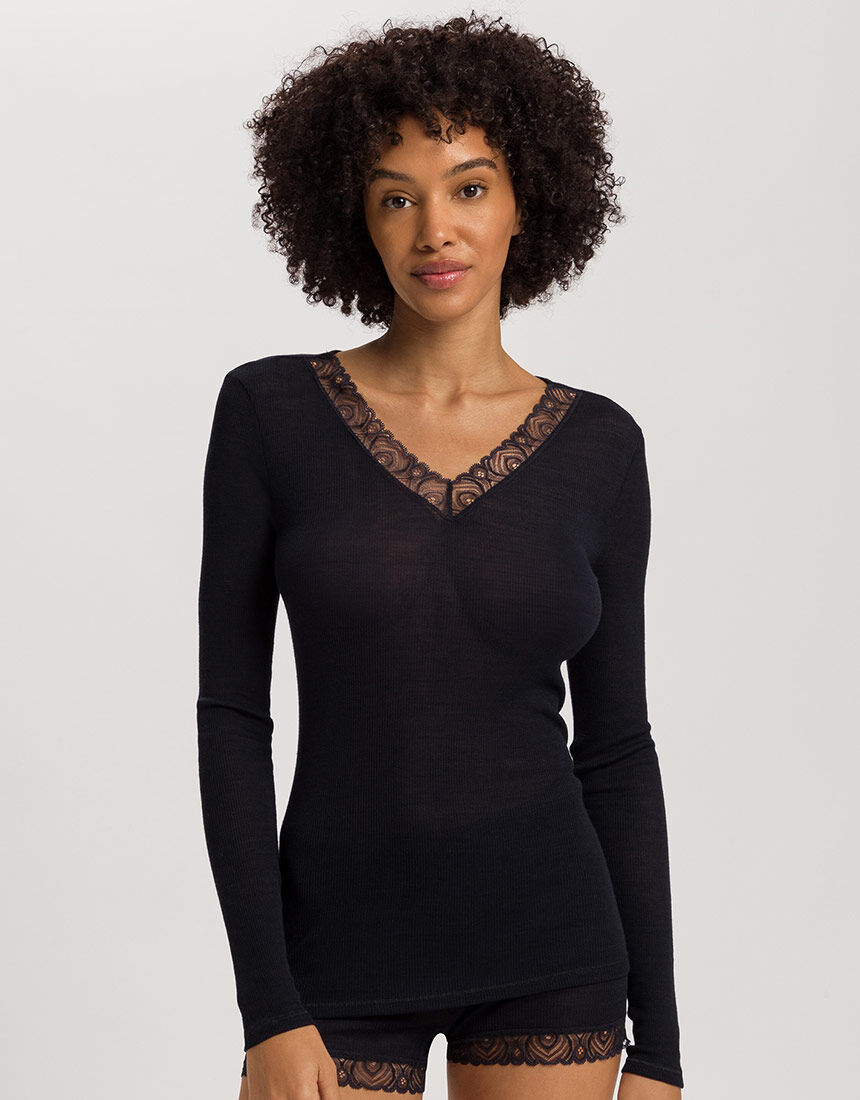 新品未使用HANRO ハンロ　シルクウール リブ編みトップス長袖　XS ハンロ 身生地ウール・シルク素材 トップス（長袖） UIH324｜ワコール