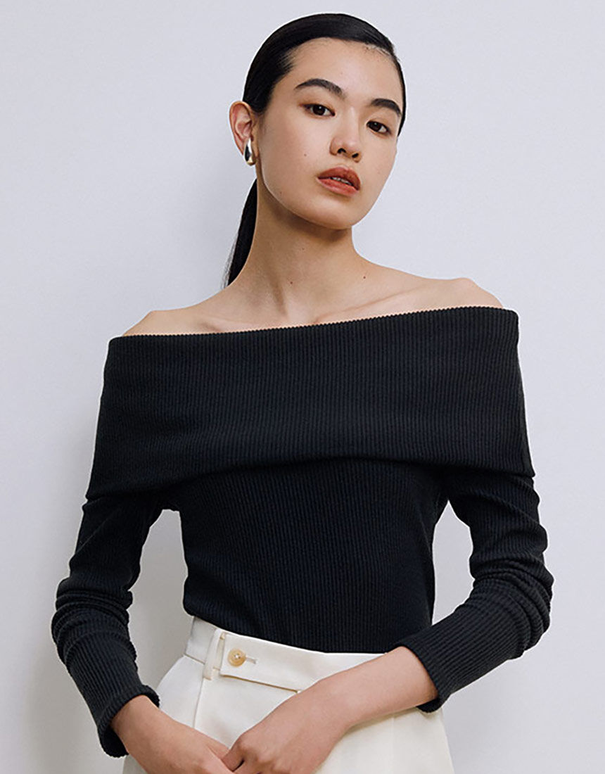 ワコール☆カップインオフショルダー ブラック ニット 長袖 OUR WACOAL カップインオフショルダー アウター トップス