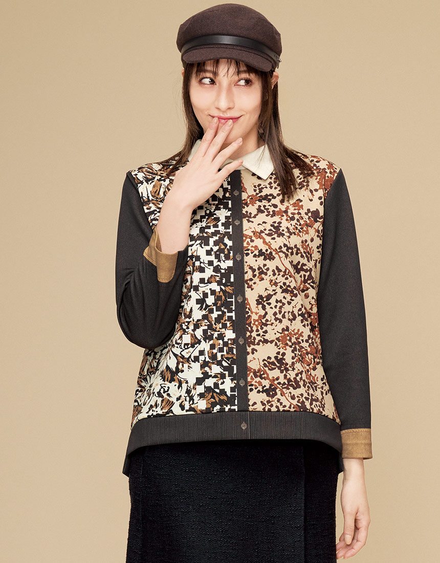 ワコール_カルソン 重ね着風のプリント・Tブラウス 長袖 アウター