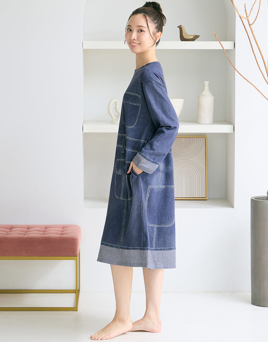 ツモリチサトスリープ 【綿100％】デニム風プリント ワンピース
