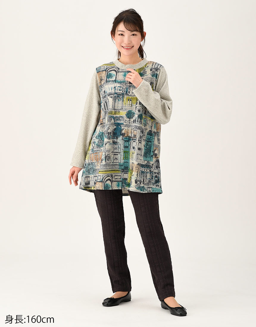 ワコール_カルソン 【表起毛】プリントチュニック 長袖 アウター