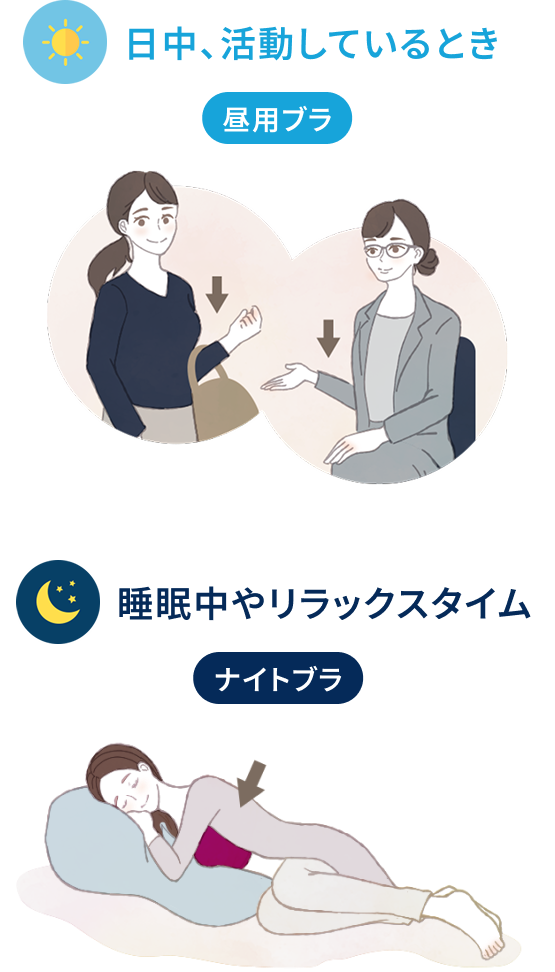 日中、活動しているとき → 昼用ブラ、 睡眠中やリラックスタイム → ナイトブラ