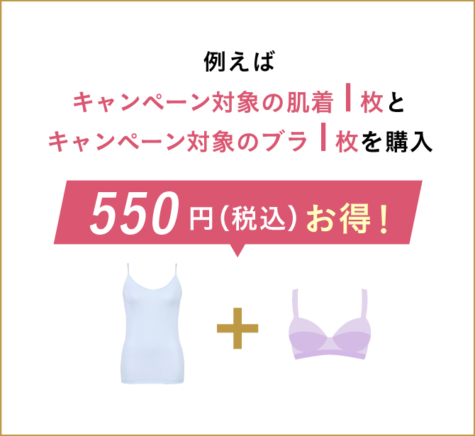 例えば　キャンペーン対象の肌着１枚とキャンペーン対象のブラ１枚を購入　550円（税込）お得！