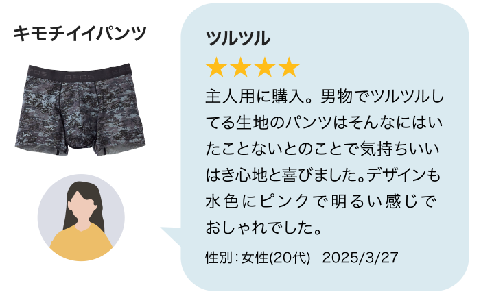 キモチイイパンツ ツルツル ★★★★ 主人用に購入。男物でツルツルしてる生地のパンツはそんなにはいたことないとのことで気持ちいいはき心地と喜びました。デザインも水色にピンクで明るい感じでおしゃれでした。 性別：女性(20代) 2025/3/27