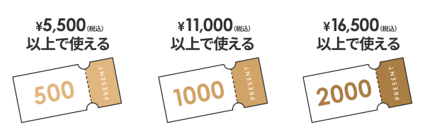 5,500円（税込）以上で使える500円クーポン、11,000円（税込）以上で使える1,000円クーポン、16,500円（税込）以上で使える2,000円クーポン