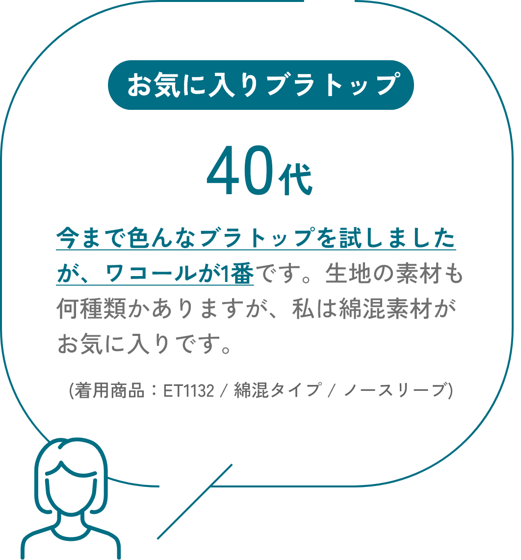 お気に入りブラトップ 40代 今まで色んなブラトップを試しましたが、ワコールが1番です。生地の素材も何種類かありますが、私は綿混素材がお気に入りです。（着用商品：ET1132 / 綿混タイプ / ノースリーブ）