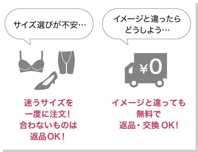 サイズ選びが不安・・・迷うサイズを一度に注文！合わないものは返品OK！イメージと違ったらどうしよう・・・イメージと違っても気軽に返品OK！