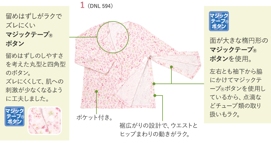 ポケット付き。 裾広がりの設計で、ウエストとヒップまわりの動きがラク。 留めはずしがラクでズレにくいマジックテープ(R)ボタン 留めはずしのしやすさを考えた丸型と四角型のボタン。ズレにくくして、肌への刺激が少なくなるように工夫しました。 面が大きな楕円形のマジックテープ(R)ボタンを使用。左右とも袖下から脇にかけてマジックテープ(R)ボタンを使用しているから、点滴などチューブ類の取り扱いもラク。