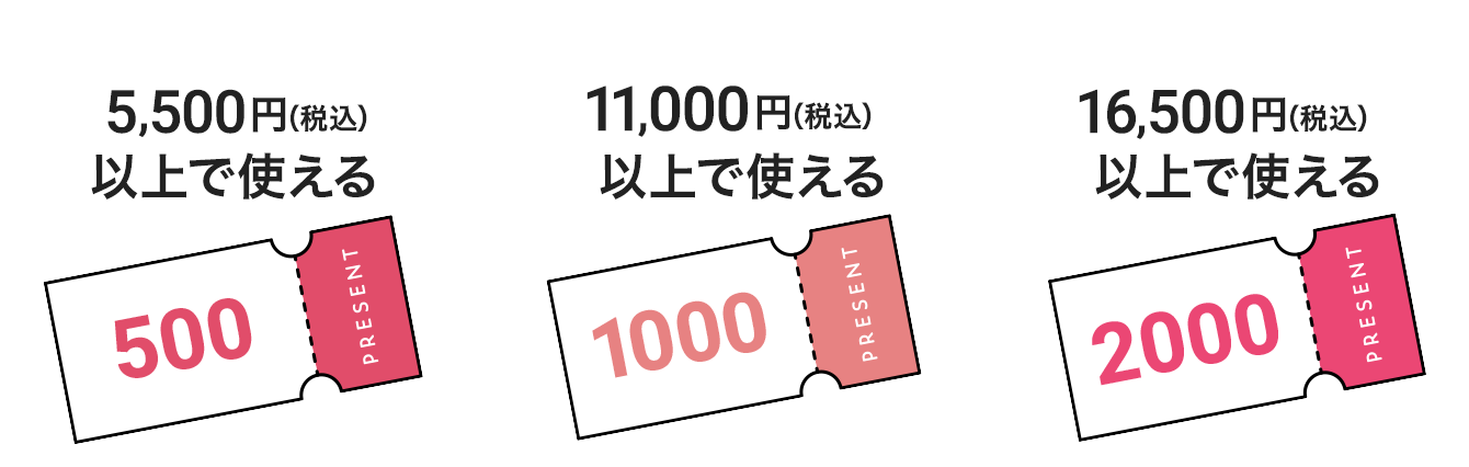 5,500円（税込）以上で使える500円クーポン、11,000円（税込）以上で使える1,000円クーポン、16,500円（税込）以上で使える2,000円クーポン