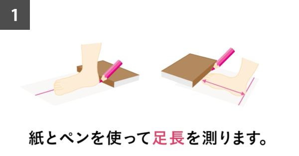 1. 紙とペンを使って足長を測ります。