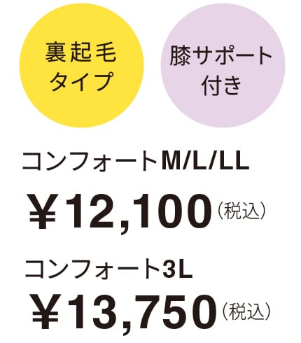 裏起毛タイプ 膝サポート付き コンフォートM/L/LL￥12,100（税込） コンフォート3L￥13,750（税込）​