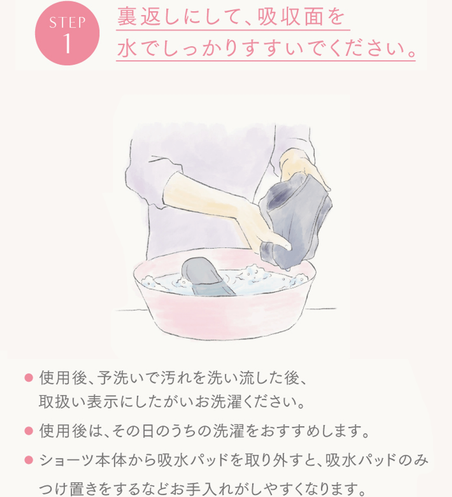 STEP1 裏返しにして、吸収面を水でしっかりすすいでください。