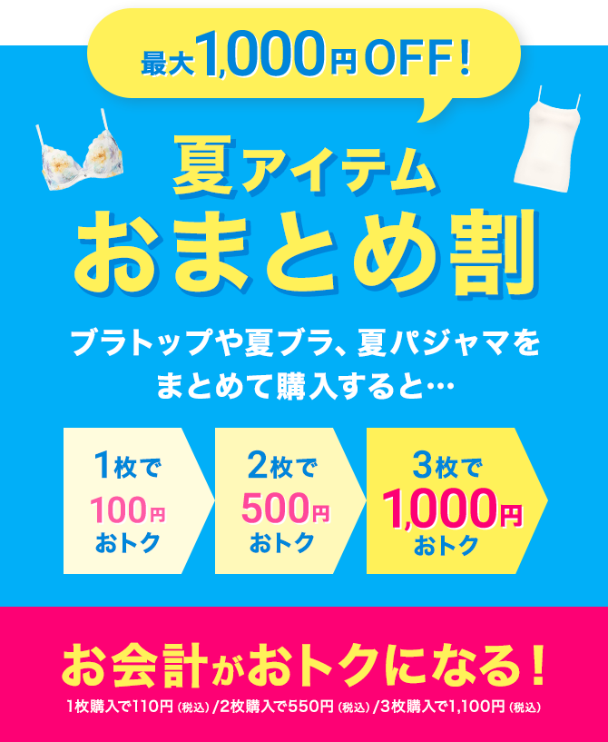 最大1000円オフ！夏アイテムおまとめ割ブラトップや夏ブラ、夏パジャマをまとめて購入すると…お会計がおトクになる！（1枚購入で110円（税込）おトク。2枚購入で550円（税込）おトク。3枚購入で1100円（税込）おトク。）