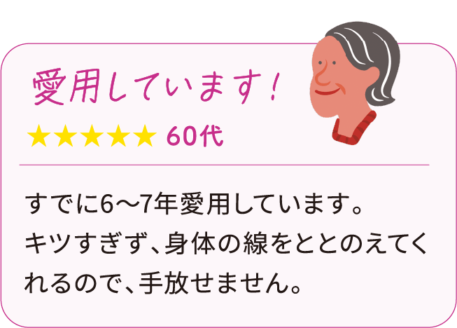 愛用しています！ 60代：すでに6～7年愛用しています。キツすぎず、身体の線をととのえてくれるので、手放せません。