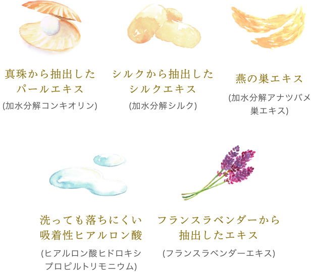 真珠から抽出した パールエキス(加水分解コンキオリン)/シルクから抽出したシルクエキス(加水分解シルク)/燕の巣エキス(加水分解アナツバメ巣エキス)/洗っても落ちにくい吸着性ヒアルロン酸(ヒアルロン酸ヒドロキシプロピルトリモニウム)/フランスラベンダーから抽出したエキス(フランスラベンダーエキス)