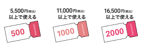 5500円（税込）以上で使える500円クーポン、11000円（税込）以上で使える1000円クーポン、16500円（税込）以上で使える2000円クーポン