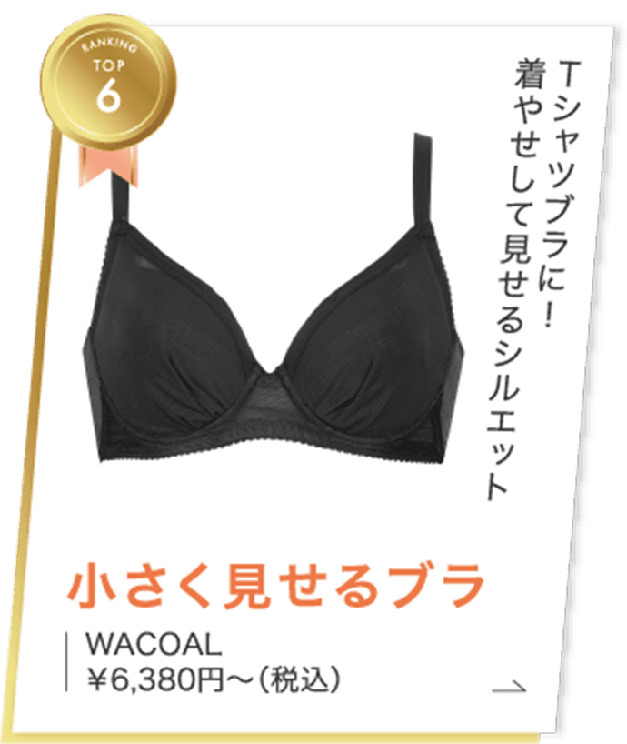 ランキングTOP6　Ｔシャツブラに！着やせして見せるシルエット　小さく見せるブラ　WACOAL　￥6,380円～（税込）