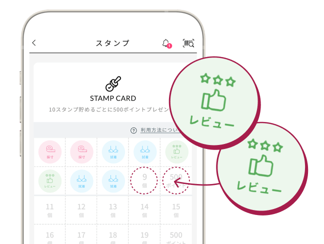 WACOAL CARNETのアプリの画面上で、レビュー投稿に応じてスタンプが表示される様子