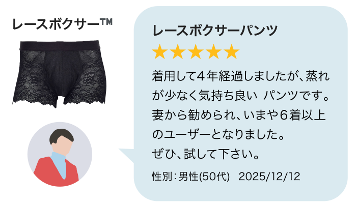 レースボクサー&trade; レースボクサーパンツ ★★★★★ 着用して４年経過しましたが、蒸れが少なく気持ち良いパンツです。妻から勧められ、いまや６着以上のユーザーとなりました。ぜひ、試して下さい。 性別：男性(50代) 2025/12/12
