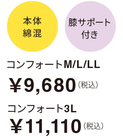 本体綿混 膝サポート付き コンフォートM/L/LL￥9,680（税込） コンフォート3L￥11,110（税込）​