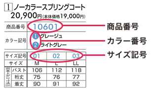 商品番号/カラー番号/サイズ記号