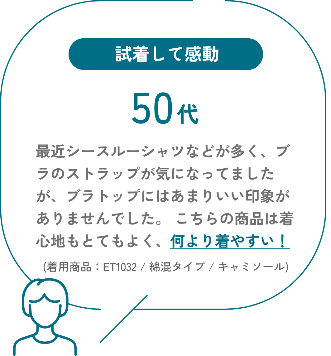 試着して感動 50代 最近シースルーシャツなどが多く、ブラのストラップが気になってましたが、ブラトップにはあまりいい印象がありませんでした。こちらの商品は着心地もとてもよく、何より着やすい！（着用商品：ET1032 / 綿混タイプ / キャミソール）