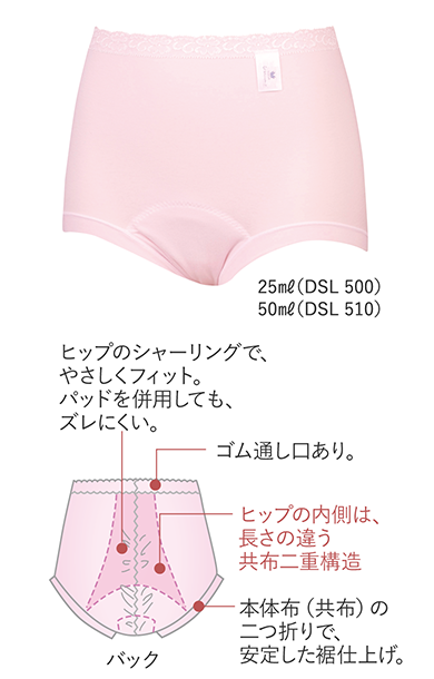 ヒップのシャーリングで、やさしくフィット。パッドを併用しても、ズレにくい。 ゴム通し口あり。 ヒップの内側は、長さの違う共布二重構造 本体布（共布）の二つ折りで、安定した裾仕上げ。