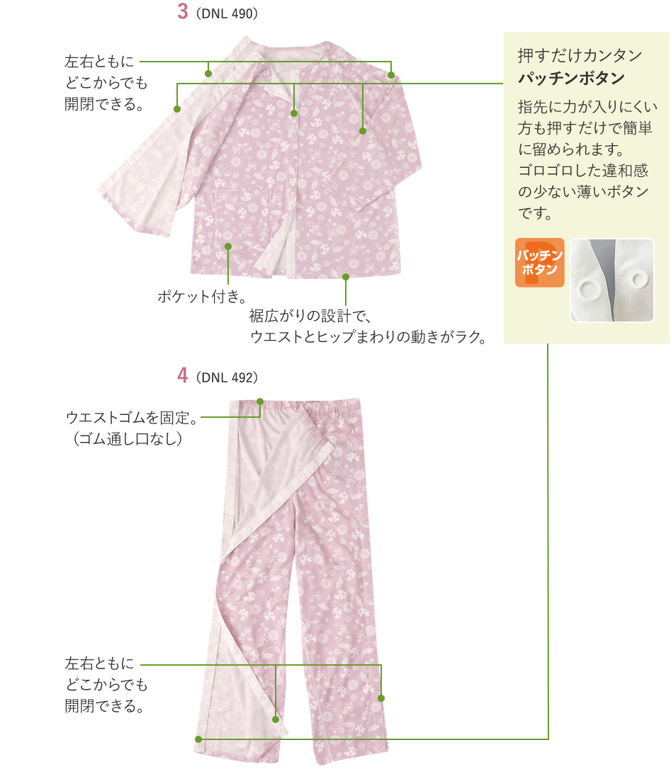 押すだけカンタン
            パッチンボタン 指先に力が入りにくい方も押すだけで簡単に留められます。ゴロゴロした違和感の少ない薄いボタンです。 左右ともにどこからでも開閉できる。 ポケット付き。 裾広がりの設計で、ウエストとヒップまわりの動きがラク。 ウエストゴムを固定。（ゴム通し口なし） 左右ともにどこからでも開閉できる。