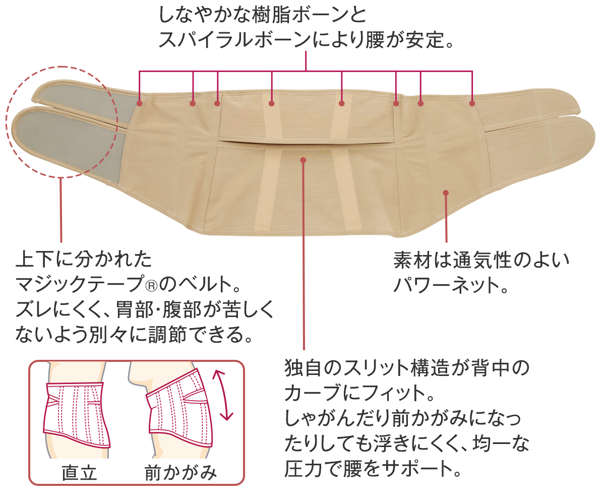 しなやかな樹脂ボーンとスパイラルボーンにより腰が安定。 上下に分かれたマジックテープ(R)のベルト。ズレにくく、胃部・腹部が苦しくないよう別々に調節できる。 独自のスリット構造が背中のカーブにフィット。しゃがんだり前かがみになったりしても浮きにくく、均一な圧力で腰をサポート。 素材は通気性のよいパワーネット。