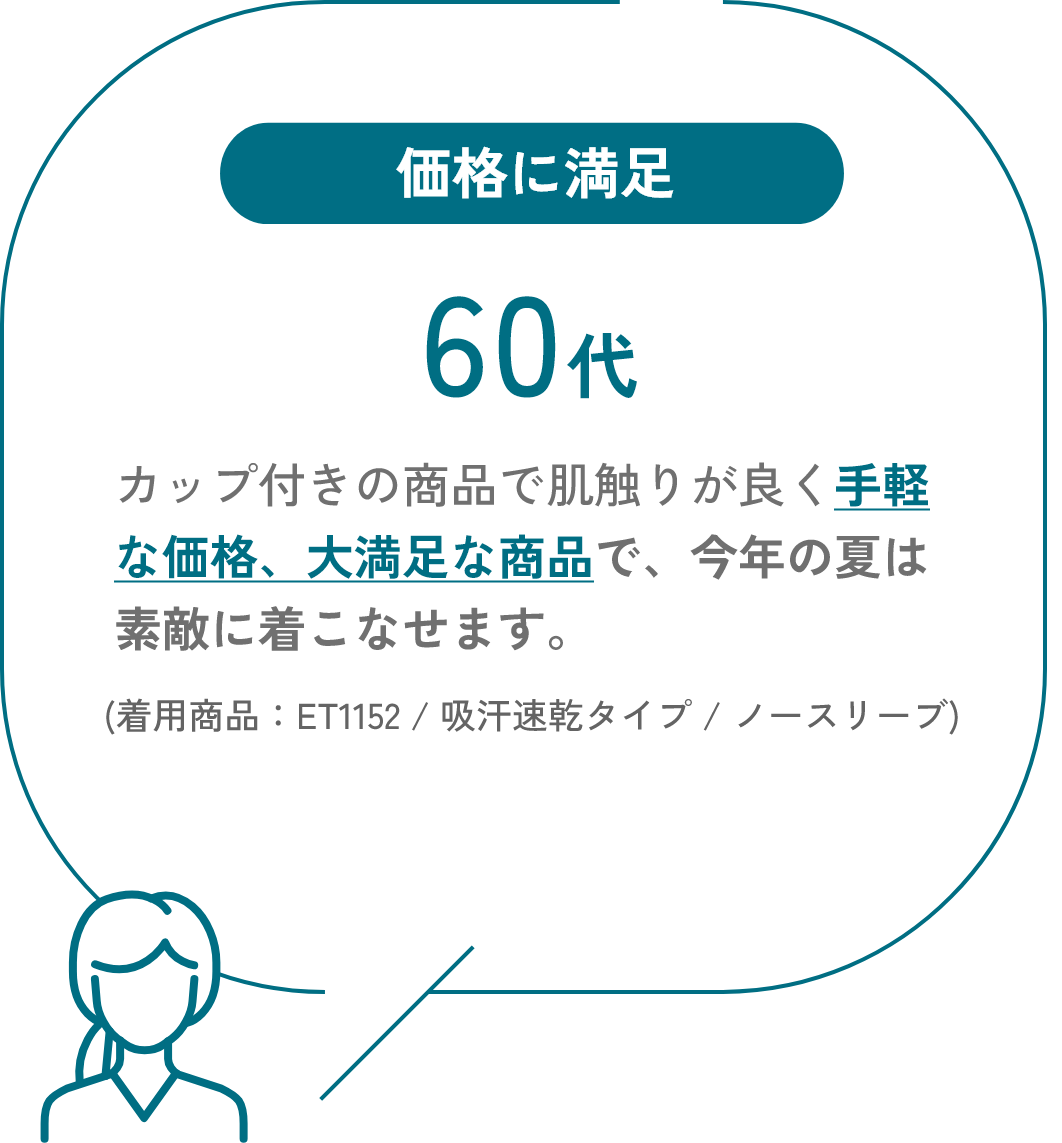 価格に満足 60代 カップ付きの商品で肌触りが良く手軽な価格、大満足な商品で、今年の夏は素敵に着こなせます。（着用商品：ET1152 / 吸汗速乾タイプ / ノースリーブ）