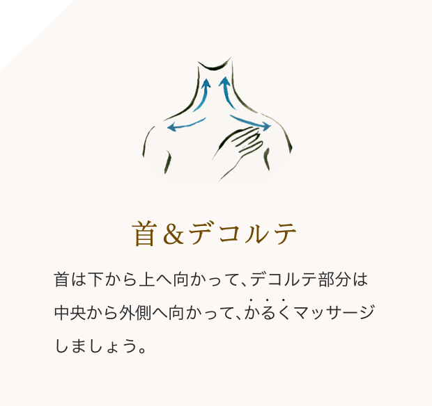 首&デコルテ/首は下から上へ向かって、デコルテ部分は中央から外側へ向かって、かるくマッサージ