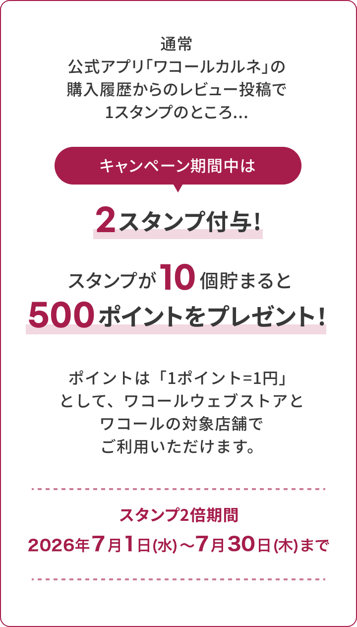 通常 公式アプリ「ワコールカルネ」の 購入履歴からのレビュー投稿で 1スタンプのところ... キャンペーン期間中は 2スタンプ付与！　スタンプが10個貯まると500ポイントをプレゼント！ ポイントは、1ポイント1円として、ワコールウェブストアとワコールの対象店舗でご利用いただけます。スタンプ2倍期間 2026年 7月30日（木）まで