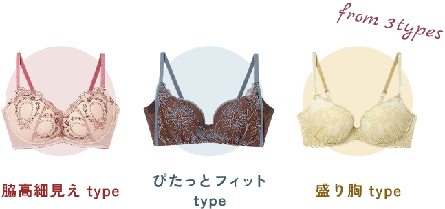 脇高細見えtype、ピタッとフィットtype、盛り胸typeのブラの画像