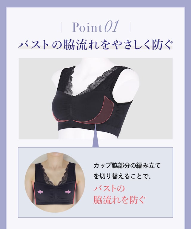 Point01 バストの脇流れをやさしく防ぐ 機能説明