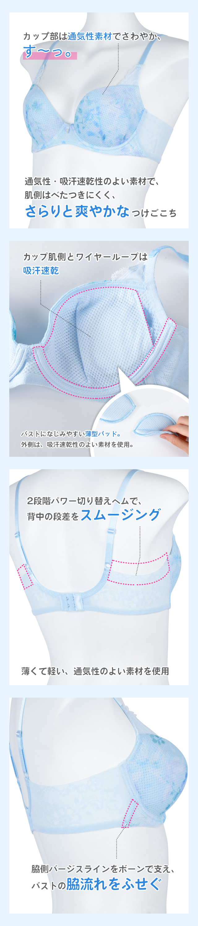 カップ部は通気性素材でさわやか、す〜っ。 機能説明