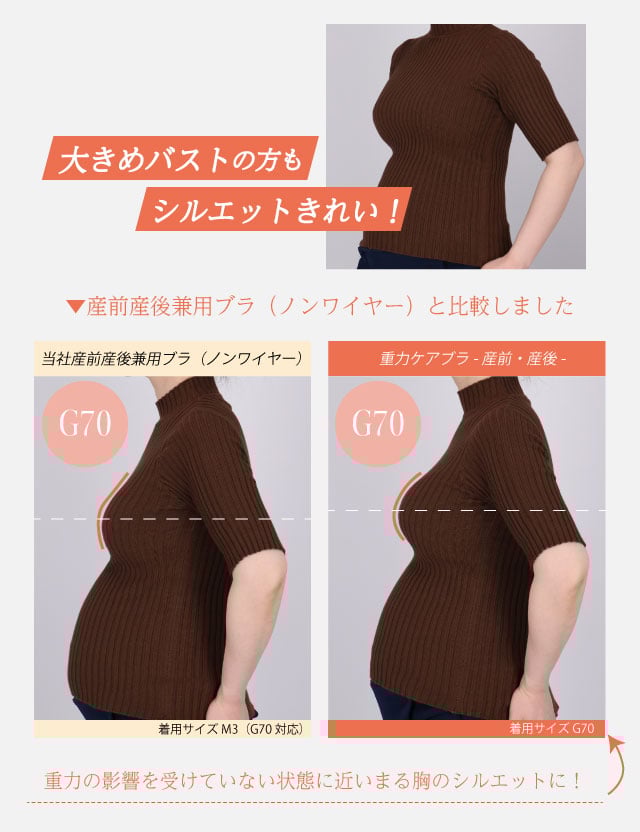 大きめバストの方もシルエットきれい！ 産前産後兼用ブラ（ノンワイヤー） 比較画像